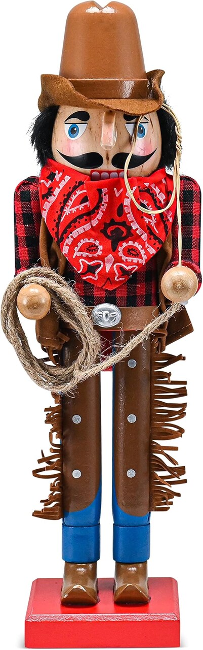Christmas Western Cowboy Nutcracker – Brown and Red Wooden Nutcrackers Cow Boy with a Rope and Lasso Xmas Themed Holiday Nut Cracker Doll Figure Decorations 14"